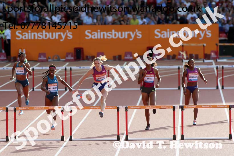 Eilidh Child on her way to winning the 400 metres hurdles at the Glasgow Diamond League. Photo: David T. Hewitson/Sports for All Pics